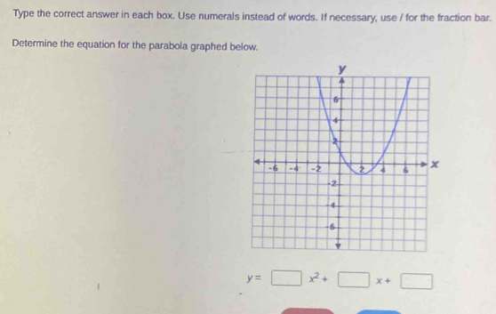 Type the correct answer in each box. Use numerals instead of words. If necessary, use / for the fraction bar. 
Determine the equation for the parabola graphed below.
y=□ x^2+□ x+□