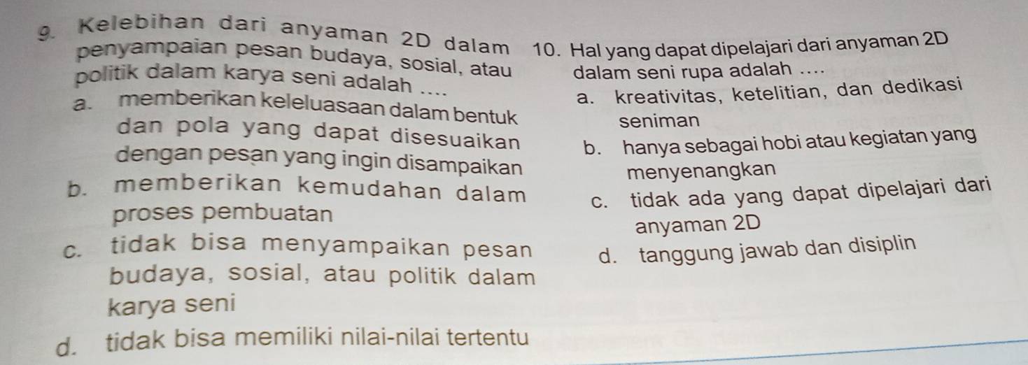 Kelebihan dari any aman 2D dalam 10. Hal yang dapat dipelajari dari anyaman 2D
penyampaian pesan budaya, sosial, atau dalam seni rupa adalah …..
politik dalam karya seni adalah ....
a. kreativitas, ketelitian, dan dedikasi
a. memberikan keleluasaan dalam bentuk
seniman
dan pola yang dapat disesuaikan b. hanya sebagai hobi atau kegiatan yang
dengan pesan yang ingin disampaikan
menyenangkan
b. memberikan kemudahan dalam c. tidak ada yang dapat dipelajari dari
proses pembuatan
anyaman 2D
c. tidak bisa menyampaikan pesan d. tanggung jawab dan disiplin
budaya, sosial, atau politik dalam
karya seni
d. tidak bisa memiliki nilai-nilai tertentu