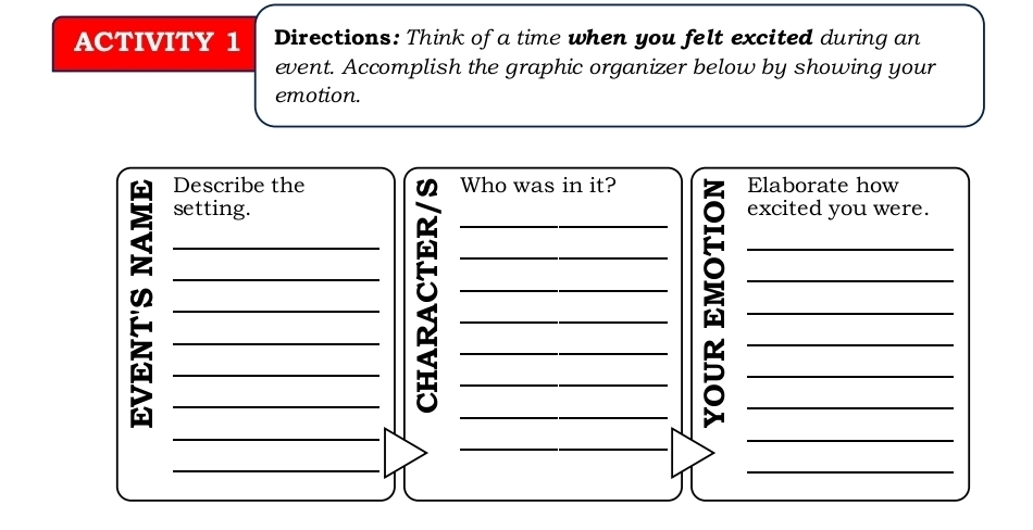 ACTIVITY 1 Directions: Think of a time when you felt excited during an 
event. Accomplish the graphic organizer below by showing your 
emotion. 
Describe the Who was in it? Elaborate how 
_ 
setting. excited you were. 
_ 
_ 
_ 
_ 
_ 
_ 
_ 
_ 
_ 
_ 
_ 
_ 
_ 
_ 
_ 
_ 
_ 
_ 
_6 
_ 
_ 
_ 
_