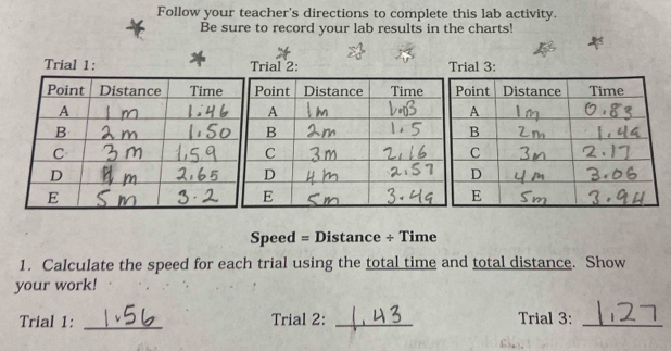 Follow your teacher's directions to complete this lab activity. 
Be sure to record your lab results in the charts! 
Trial 1: Trial 2: Trial 3: 
Speed = Distance + Time 
1. Calculate the speed for each trial using the total time and total distance. Show 
your work! 
Trial 1: _Trial 2: _Trial 3:_