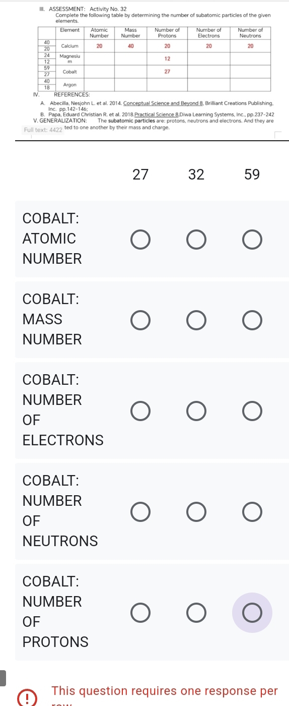 ASSESSMENT: Activity No. 32
Complete the following table by determining the number of subatomic particles of the given
A. Abecilla, Nesjohn L. et al. 2014. Conceptual Science and Beyond 8, Brilliant Creations Publishing,
Inc. pp.142-146:
B. Papa, Eduard Christian R. et al. 2018.Practical Science 8,Diwa Learning Systems, Inc., pp.237-242
V. GENERALIZATION: The subatomic particles are: protons, neutrons and electrons. And they are
Full text: 442 ted to one another by their mass and charge.
27 32 59
COBALT:
ATOMIC
NUMBER
COBALT:
MASS
NUMBER
COBALT:
NUMBER
OF
ELECTRONS
COBALT:
NUMBER
OF
NEUTRONS
COBALT:
NUMBER
OF
PROTONS
This question requires one response per