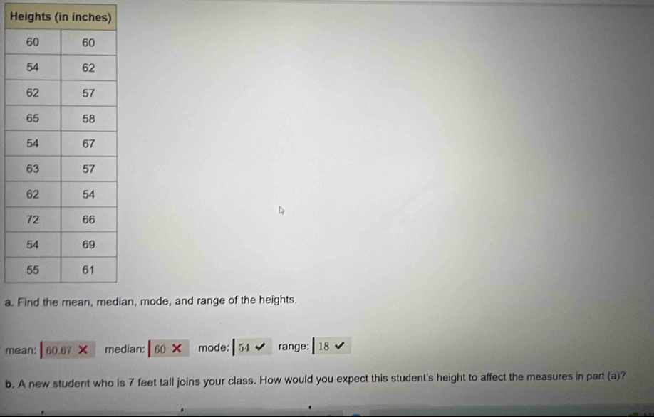 Heights 
a.n, mode, and range of the heights. 
mean: 60.67* median: 60* mode: 54 range: 18
b. A new student who is 7 feet tall joins your class. How would you expect this student's height to affect the measures in part (a)?