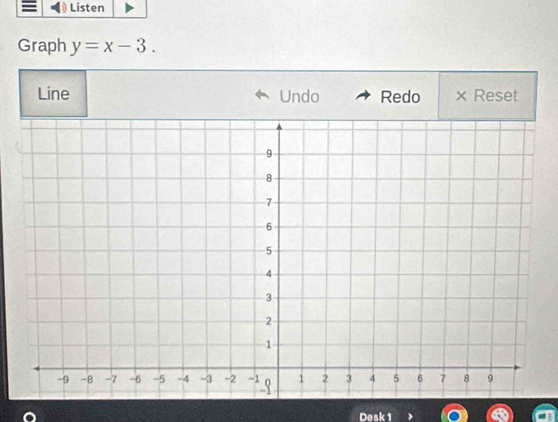 Listen 
Graph y=x-3. 
Line Undo Redo × Reset 
Desk 1