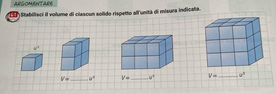 ARGOMENTARE 
Stabilisci il volume di ciascun solido rispetto all'unità di misura indicata.
u^3
V= _ u^3 V= _ u^3 V= _ u^3