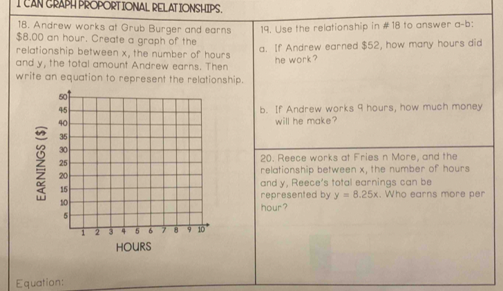 CAN CRAPH PROPORT IONAL RELAT IONSHIPS. 
18. Andrew works at Grub Burger and earns 19. Use the relationship in #18 to answer a-b:
$8.00 an hour. Create a graph of the 
relationship between x, the number of hours a. If Andrew earned $52, how many hours did 
and y, the total amount Andrew earns. Then he work ? 
write an equation to represent the relationship. 
b. If Andrew works 9 hours, how much money 
will he make? 
20. Reece works at Fries n More, and the 
relationship between x, the number of hours
and y, Reece's total earnings can be 
represented by y=8.25x. Who earns more per
hour ?
HOURS
Equation: