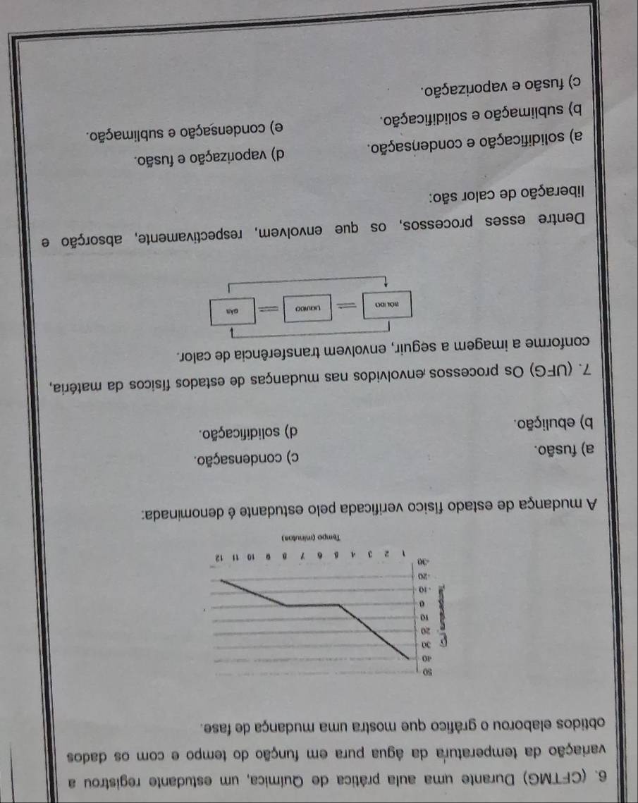 (CFTMG) Durante uma aula prática de Química, um estudante registrou a
variação da temperatura da água pura em função do tempo e com os dados
obtidos elaborou o gráfico que mostra uma mudança de fase.
A mudança de estado físico verificada pelo estudante é denominada:
a) fusão. c) condensação.
b) ebulição. d) solidificação.
7. (UFG) Os processos envolvidos nas mudanças de estados físicos da matéria,
conforme a imagem a seguir, envolvem transferência de calor.
aot=00 = Lauido gàn
Dentre esses processos, os que envolvem, respectivamente, absorção e
liberação de calor são:
a) solidificação e condensação. d) vaporização e fusão.
b) sublimação e solidificação. e) condensação e sublimação.
c) fusão e vaporização.