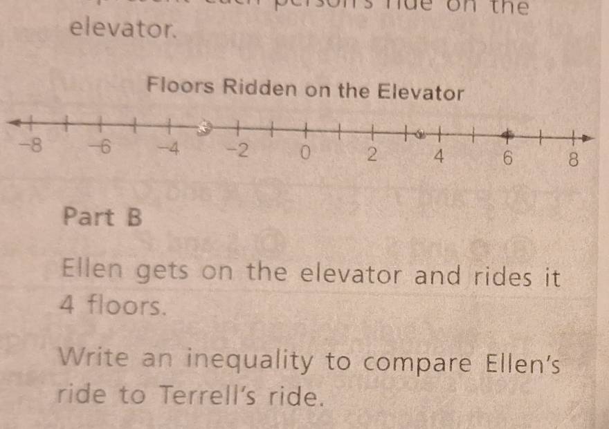 ue o n th 
elevator. 
Floors Ridden on the Elevator 
Part B 
Ellen gets on the elevator and rides it
4 floors. 
Write an inequality to compare Ellen's 
ride to Terrell's ride.