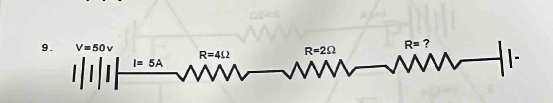 V=50v
R=4Omega
R=2Omega
R= ?
I=5A
|-