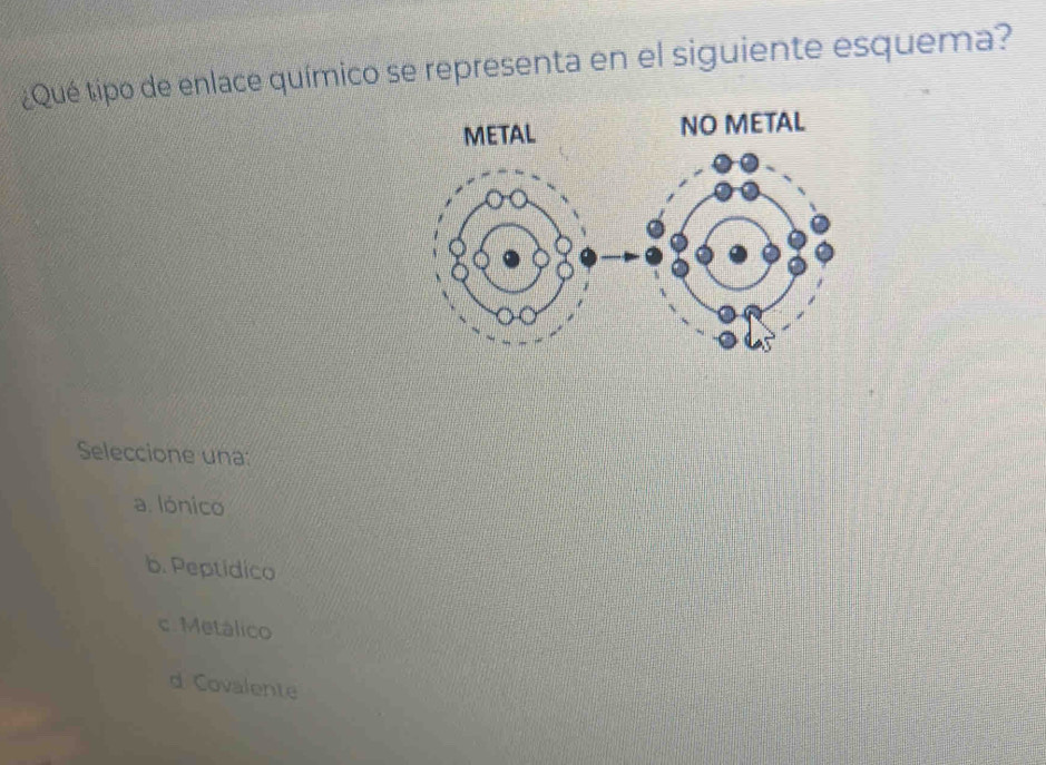 ¿Qué tipo de enlace químico se representa en el siguiente esquema?
Seleccione una:
a. lónico
b. Peptidico
c. Metálico
d Covalente