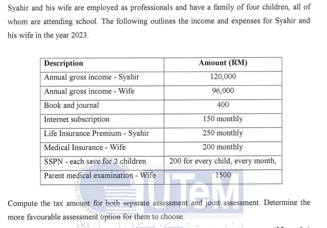 Syahir and his wife are employed as professionals and have a family of four children, all of 
whom are attending school. The following outlines the income and expenses for Syahir and 
his wife in the year 2023. 
Compute the tax amount for both separate assessment and joint assessment. Determine the 
more favourable assessment option for them to choose.