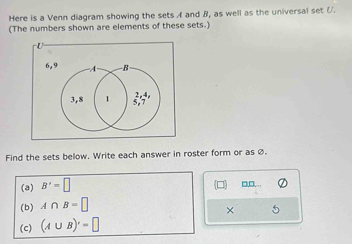 Here is a Venn diagram showing the sets A and B, as well as the universal set U. 
(The numbers shown are elements of these sets.)
U
6, 9
Find the sets below. Write each answer in roster form or as ∅. 
(a) B'=□
□,□,. 
(b) A∩ B=□
× 
(c) (A∪ B)'=□