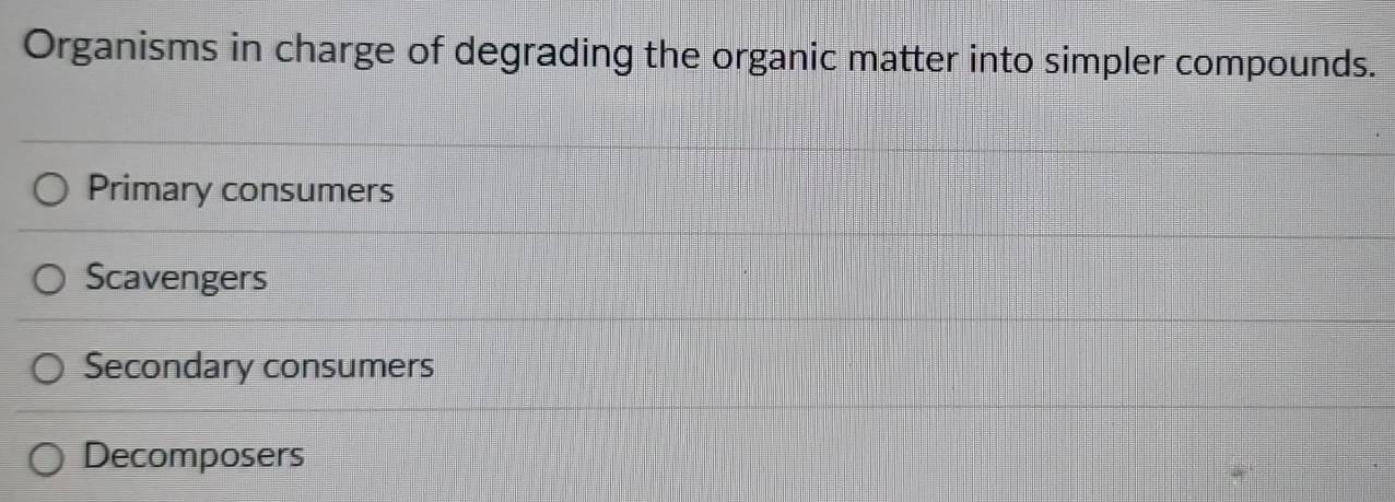 Organisms in charge of degrading the organic matter into simpler compounds.
Primary consumers
Scavengers
Secondary consumers
Decomposers