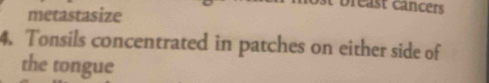 metastasize 
reast cancers 
4. Tonsils concentrated in patches on either side of 
the tongue