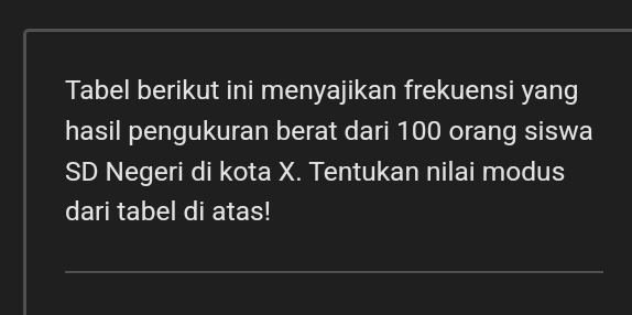 Tabel berikut ini menyajikan frekuensi yang 
hasil pengukuran berat dari 100 orang siswa 
SD Negeri di kota X. Tentukan nilai modus 
dari tabel di atas! 
_