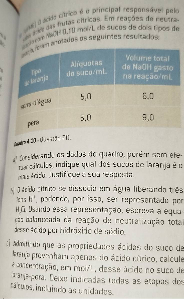 (UFMG) O ácido cítrico é o princípal responsável pelo 
na abor ácido das frutas cítricas. Em reações de neutra- 
ão com NaOH 0,10 mol/L de sucos de dois tipos de 
anotados os seguintes resultados: 
Quadro 4.10 - Questão 70. 
a) Considerando os dados do quadro, porém sem efe- 
tuar cálculos, indique qual dos sucos de laranja é o 
mais ácido. Justifique a sua resposta. 
b) O ácido cítrico se dissocia em água liberando três 
íons H^+, , podendo, por isso, ser representado por 
HCi. Usando essa representação, escreva a equa- 
ção balanceada da reação de neutralização total 
desse ácido por hidróxido de sódio. 
c) Admitindo que as propriedades ácidas do suco de 
laranja provenham apenas do ácido cítrico, calcule 
a concentração, em mol/L, desse ácido no suco de 
laranja-pera. Deixe indicadas todas as etapas dos 
cálculos, incluindo as unidades.