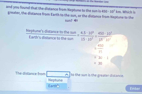 mbers on the Number Line 
and you found that the distance from Neptune to the sun is 450· 10^7km. Which is
greater, the distance from Earth to the sun, or the distance from Neptune to the
sun?
 Neptune'sdistan cetothesun/Earth'sdistan cetothesun = (4.5· 10^9)/15· 10^7 = 450· 10^7/15· 10^7 
=frac 450(15)^(10^(7))
=30· 1
=30
The distance from ^ to the sun is the greater distance.
Neptune
Earth Enter