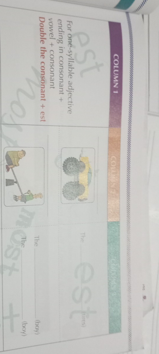 .... 
COLUMN 1 cow 
The __(tires) 
For one-syllable adjective 
ending in consonant + 
vowel + consonant 
Double the consonant + est 
The _(boy) 
The _(boy)