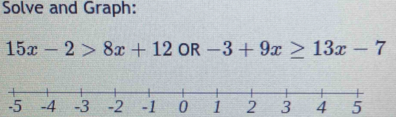 Solve and Graph:
15x-2>8x+12 OR -3+9x≥ 13x-7