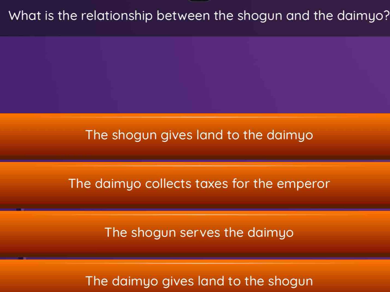 What is the relationship between the shogun and the daimyo?
The shogun gives land to the daimyo
The daimyo collects taxes for the emperor
The shogun serves the daimyo
The daimyo gives land to the shogun