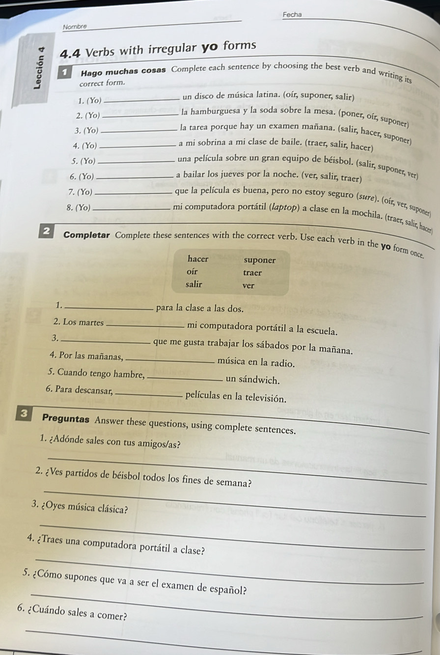 Solved: Fecha Nombre : 4.4 Verbs with irregular yo forms 1 Hago muchas ...