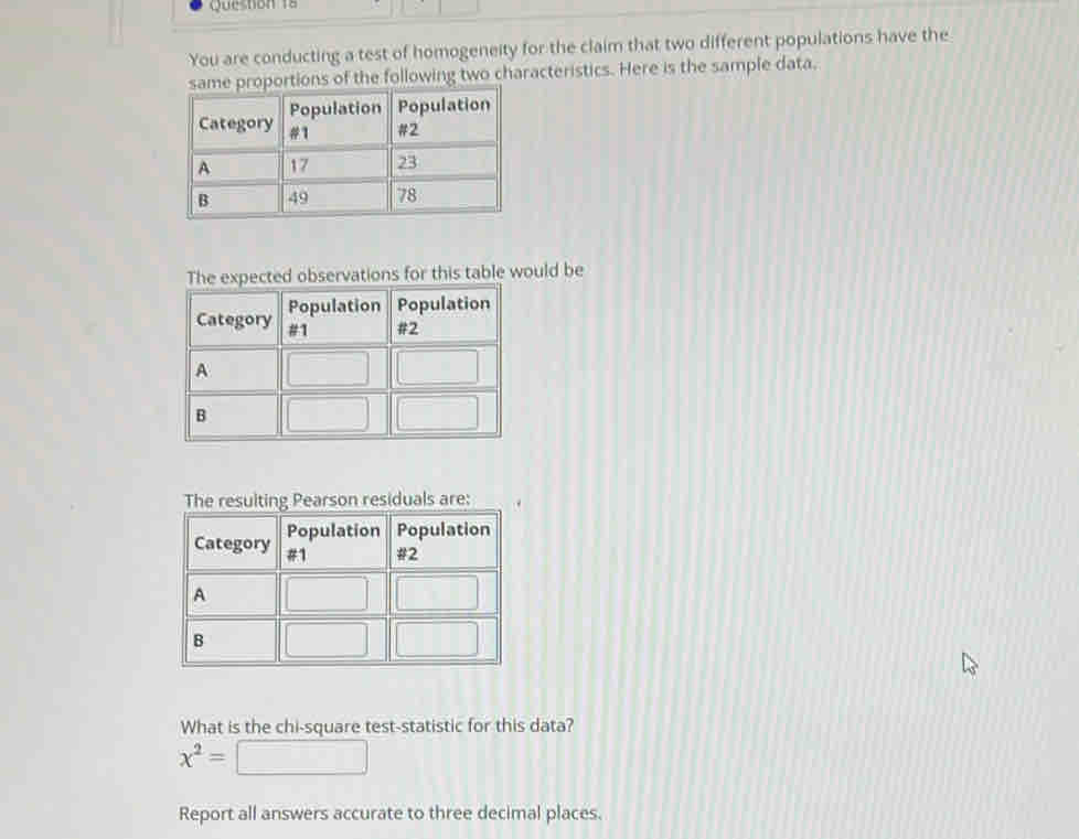 Queshon 1s 
You are conducting a test of homogeneity for the claim that two different populations have the 
me proportions of the following two characteristics. Here is the sample data. 
ations for this table would be 
What is the chi-square test-statistic for this data?
x^2=
□ 
Report all answers accurate to three decimal places.