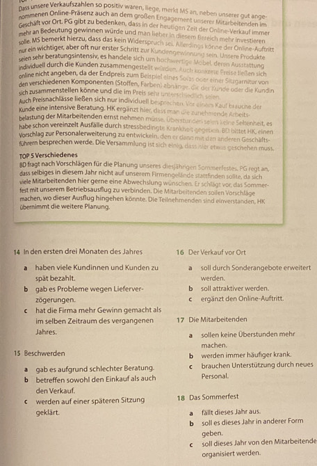 Dass unsere Verkaufszahlen so positiv waren, liege, merkt MS an, neben unserer gut ange
nommenen Online-Präsenz auch an dem großen Engagement unserer Mitarbeitenden im
cexchäft vor Ort. PG gibt zu bedenken, dass in der heutigen Zeit der Online-Verkauf immer
mehr an Bedeutung gewinnen würde und man lieber in diesem Bereich mehr Investieren
ralle, MS bemerkt hierzu, dass das kein Widerspruch sei. Allerdings könne der Online-Auftritt
our ein wichtiger, aber oft nur erster Schritt zur Kundengewinnung sein. Unsere Produkte
reien sehr beratungsintensiv, es handele sich um hochwertige Möbel, deren Ausstattung
individuell durch die Kunden zusammengestellt würden. Auch konkrete Preise ließen sich
online nicht angeben, da der Endpreis zum Beispiel eines Solas dber einer Sitzgarnitur von
den verschiedenen Komponenten (Stoffen, Farben) abnänge, die der Kunde oder die Kundin
sch zusammenstellen könne und die im Preis sehr unterschiedlich selen
Auch Preisnachlässe ließen sich nur individuell besprechen. Vor einem Kauf brauche der
Kunde eine intensive Beratung, HK ergänzt hier, dass man die zunehmende Arbeits-
belastung der Mitarbeitenden ernst nehmen müsse. Überstunden selen keine Seltenheit, es
habe schon vereinzelt Ausfälle durch stressbedingte Krankheit gegebon. BD bittet HK, einen
Vorschlag zur Personalerweiterung zu entwickeln, den er dann mit dan anderen Geschäfts-
führern besprechen werde. Die Versammlung ist sich einig, dass isler etwas geschehen muss.
TOP 5 Verschiedenes
8D fragt nach Vorschlägen für die Planung unseres diesjährigen Sommerfestes. PG regt an,
dass selbiges in diesem Jahr nicht auf unserem Firmengelände stattfinden solite, da sich
viele Mitarbeitenden hier gerne eine Abwechslung wünschen. Er schlägt vor, das Sommer-
fest mit unserem Betriebsausflug zu verbinden. Die Mitarbeitenden soilen Vorschläge
machen, wo dieser Ausflug hingehen könnte. Die Teilnehmenden sind einverstanden, HK
übernimmt die weitere Planung.
14 In den ersten drei Monaten des Jahres 16 Der Verkauf vor Ort
a haben viele Kundinnen und Kunden zu a soll durch Sonderangebote erweitert
spät bezahlt. werden.
b gab es Probleme wegen Lieferver- bsoll attraktiver werden.
zögerungen. cergänzt den Online-Auftritt.
c hat die Firma mehr Gewinn gemacht als
im selben Zeitraum des vergangenen 17 Die Mitarbeitenden
Jahres. a  sollen keine Überstunden mehr
machen.
15 Beschwerden b werden immer häufiger krank.
a gab es aufgrund schlechter Beratung. brauchen Unterstützung durch neues
b betreffen sowohl den Einkauf als auch Personal.
den Verkauf.
c werden auf einer späteren Sitzung 18 Das Sommerfest
geklärt. a fällt dieses Jahr aus.
b  soll es dieses Jahr in anderer Form
geben.
c soll dieses Jahr von den Mitarbeitende
organisiert werden.