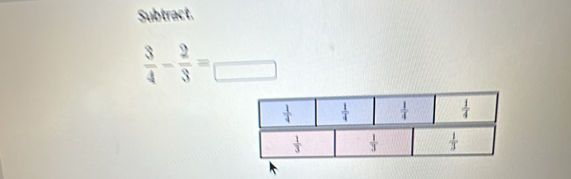 Subtract.
 8/4 - 2/3 =frac 