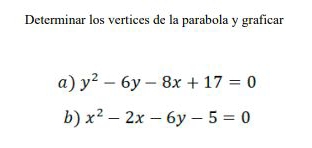 Determinar los vertices de la parabola y graficar
a) y^2-6y-8x+17=0
b) x^2-2x-6y-5=0