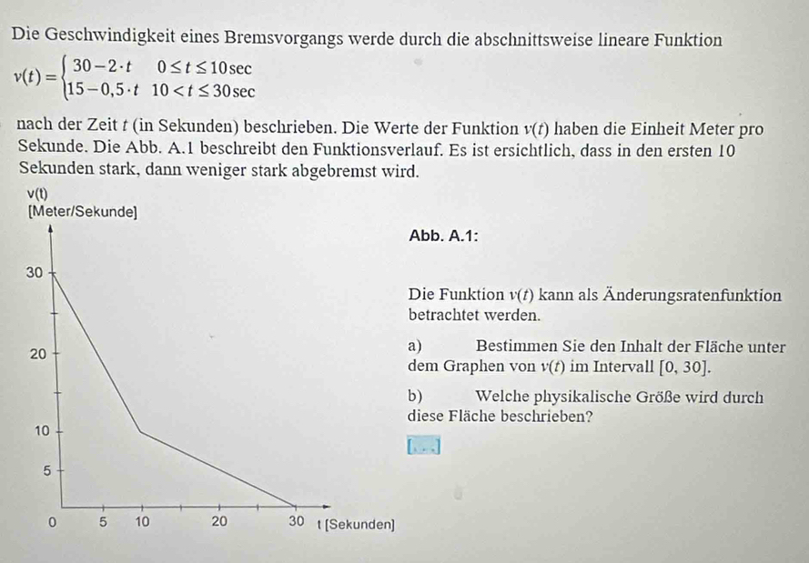 Die Geschwindigkeit eines Bremsvorgangs werde durch die abschnittsweise lineare Funktion
v(t)=beginarrayl 30-2· t0≤ t≤ 10sec  15-0,5· t10
nach der Zeit t (in Sekunden) beschrieben. Die Werte der Funktion v(t) haben die Einheit Meter pro
Sekunde. Die Abb. A.1 beschreibt den Funktionsverlauf. Es ist ersichtlich, dass in den ersten 10
Sekunden stark, dann weniger stark abgebremst wird.
b. A.1:
Funktion v(t) kann als Änderungsratenfunktion
rachtet werden.
Bestimmen Sie den Inhalt der Fläche unter
Graphen von v(t) im Intervall [0,30].
Welche physikalische Größe wird durch
se Fläche beschrieben?