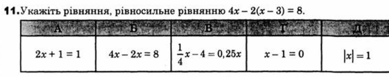 11.Укажіτь рівняння, рівносильне рівнянню 4x-2(x-3)=8.