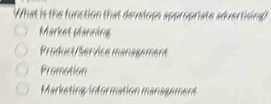 What is the function that develops appropriate advertising
Market planning
Product/Service management
Promation
Marketing information management