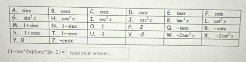 (1-cos^(wedge)2x)/(sec^(wedge)2x-1)= type your answer...