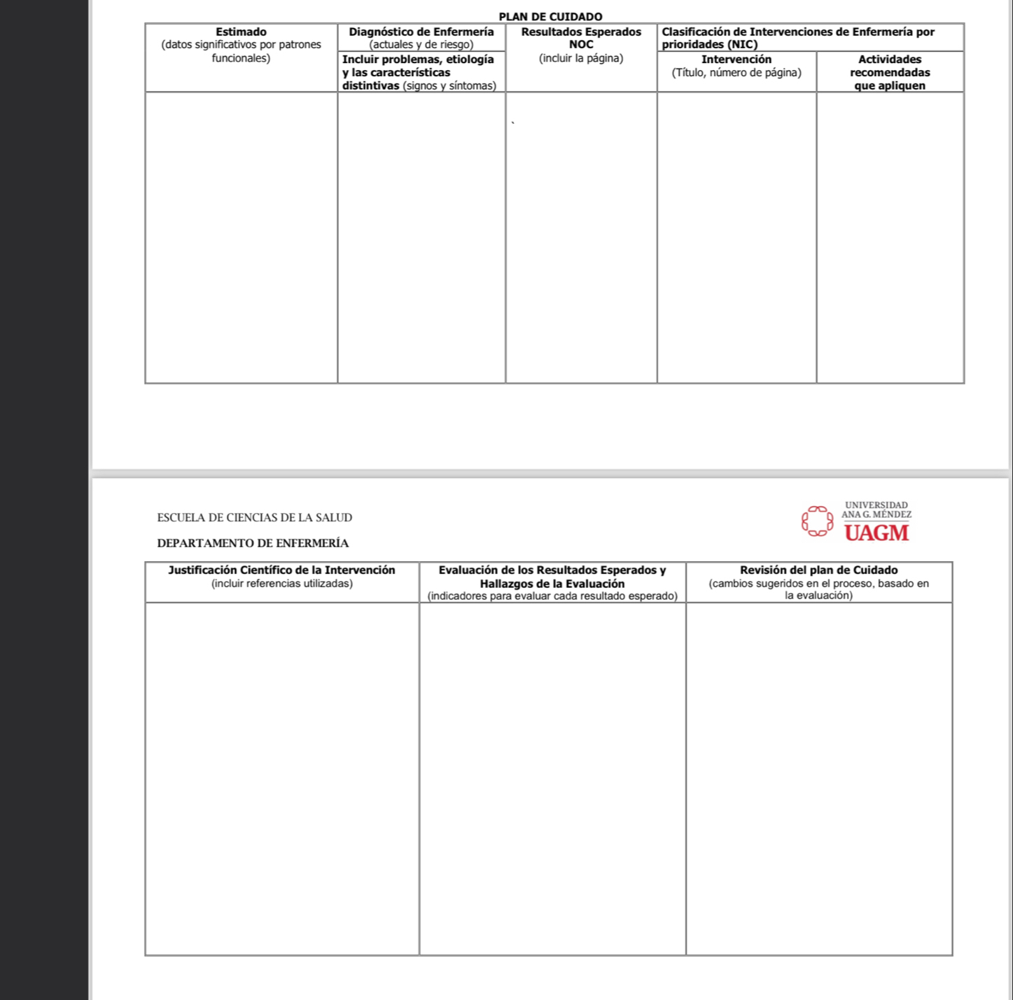 PLAN DE CUIDADO 
UNIVERSIDAD 
ESCUELA DE CIENCIAS DE LA SALUD ANA G. MÉNDEZ 
UAGM 
DEPARTAMENTO DE ENFERMERÍA