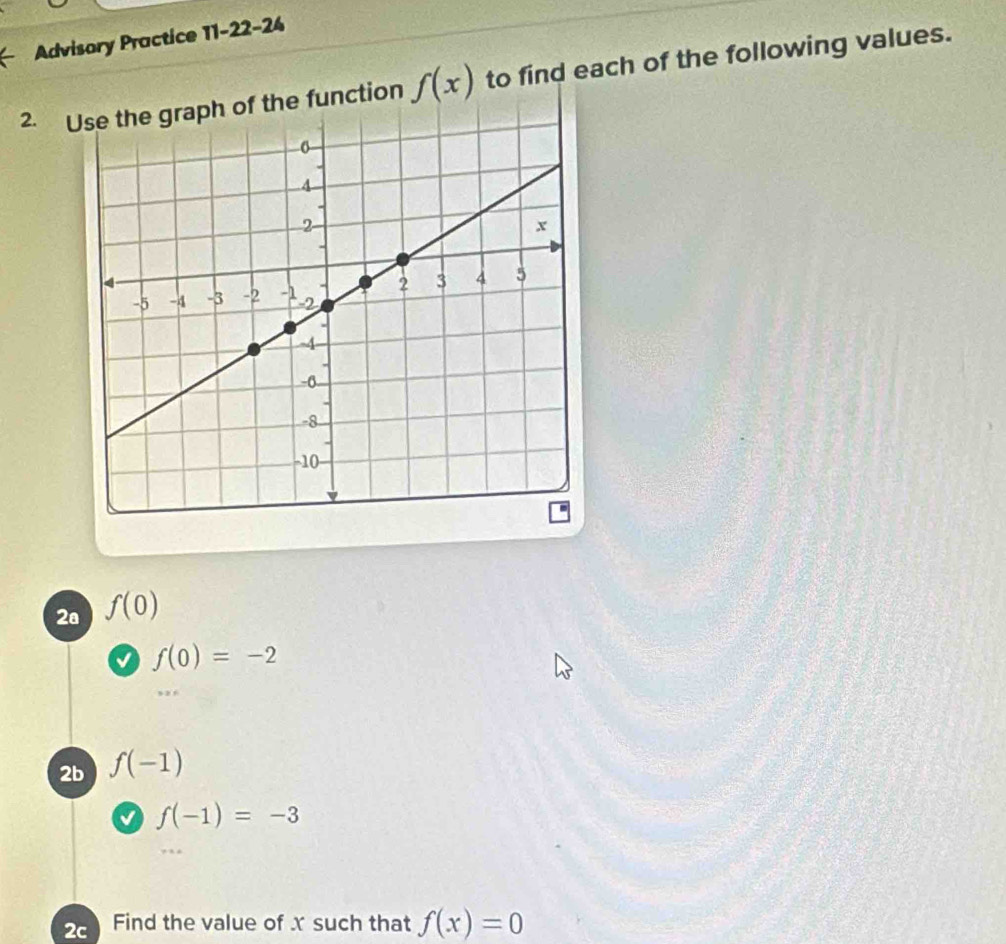 Advisory Practice 11-22-24 
2. Use the graph of the function f(x) to find each of the following values. 
2a f(0)
f(0)=-2
2b f(-1)
f(-1)=-3
2c Find the value of x such that f(x)=0