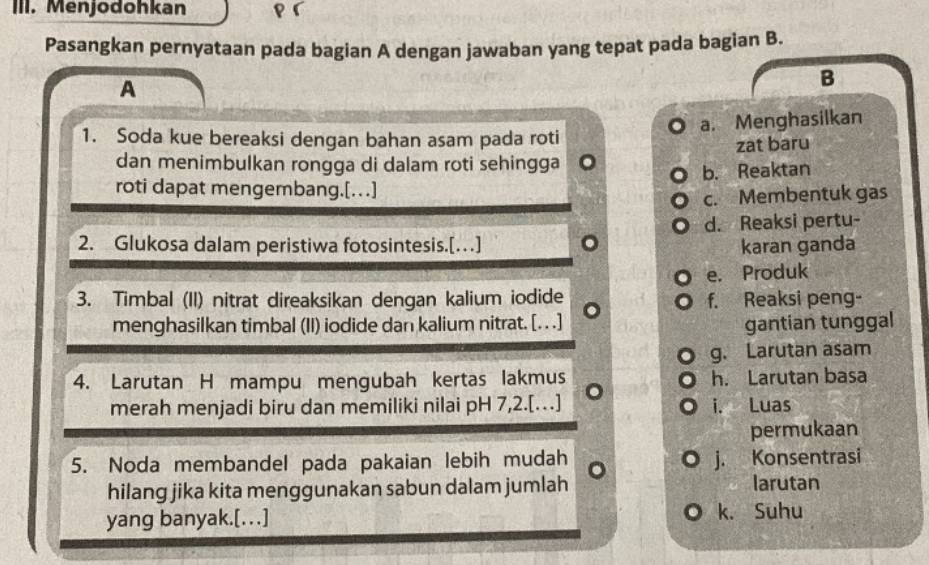 Menjodohkan Y
Pasangkan pernyataan pada bagian A dengan jawaban yang tepat pada bagian B.
A
B
a. Menghasilkan
1. Soda kue bereaksi dengan bahan asam pada roti
zat baru
dan menimbulkan rongga di dalam roti sehingga
roti dapat mengembang.[…] b. Reaktan
c. Membentuk gas
d. Reaksi pertu-
2. Glukosa dalam peristiwa fotosintesis.[…] 。 karan ganda
e. Produk
3. Timbal (II) nitrat direaksikan dengan kalium iodide f. Reaksi peng-
menghasilkan timbal (II) iodide dan kalium nitrat. [. . .] gantian tunggal
g. Larutan asam
4. Larutan H mampu mengubah kertas lakmus h. Larutan basa
merah menjadi biru dan memiliki nilai pH 7,2.[…] i. Luas
permukaan
5. Noda membandel pada pakaian lebih mudah j. Konsentrasi
hilang jika kita menggunakan sabun dalam jumlah larutan
yang banyak.[…] k. Suhu