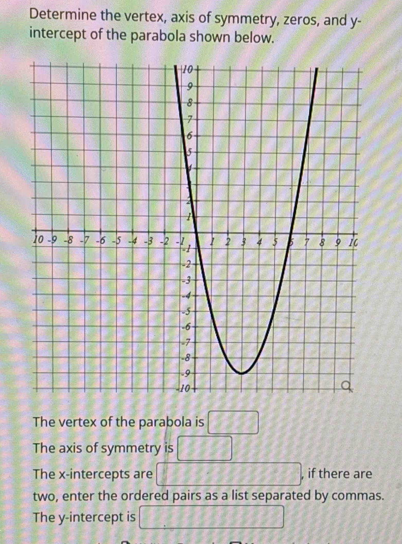 Determine the vertex, axis of symmetry, zeros, and y - 
intercept of the parabola shown below. 
The vertex of the parabola is □
The axis of symmetry is □
The x-intercepts are 111111111 , if there are 
two, enter the ordered pairs as a list separated by commas. 
The y-intercept is 111 _ 