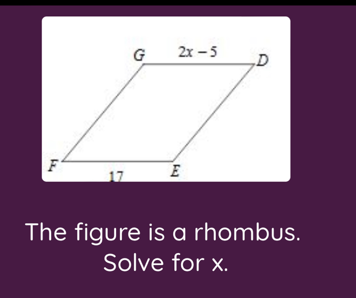 The figure is a rhombus.
Solve for x.