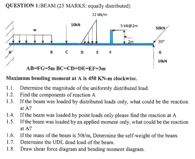 BEAM (25 MARKS: equally distributed)
Maximum bending moment at A is 450 KN-m clockwise.
1.1. Determine the magnitude of the uniformly distributed load.
1.2. Find the components of reaction A
1.3. If the beam was loaded by distributed loads only, what could be the reaction
at A?
1.4. If the beam was loaded by point loads only please find the reaction at A
1.5. If the beam was loaded by an applied moment only, what could be the reaction
at A?
1.6. If the mass of the beam is 50t/m, Determine the self-weight of the beam.
1.7. Determine the UDL dead load of the beam.
1.8. Draw shear force diagram and bending moment diagram.