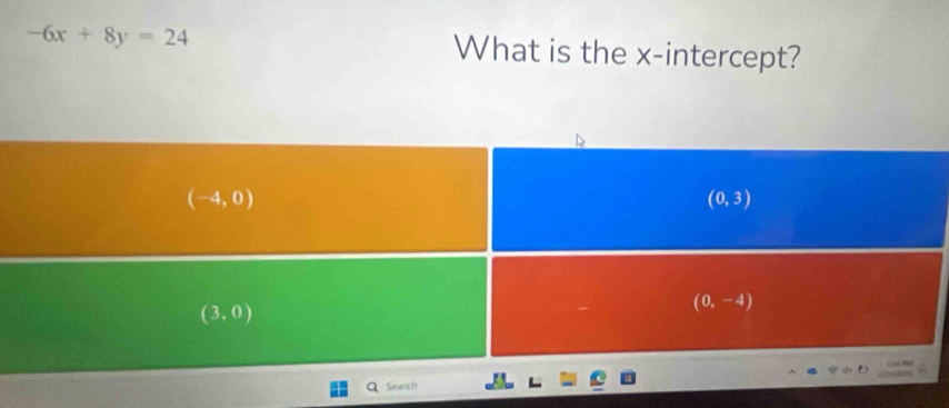 -6x+8y=24 What is the x-intercept?
Search