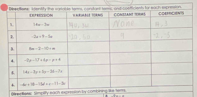 Directions: Simplify each expr
-9n-n