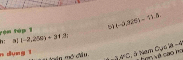 (-0,325)-11,5. 
yận tập 1 
h: a) (-2,259)+31,3; 
n dụng 1 
tán mở đầu.
-3.4°C , ở Nam Cực là −4
hữn và cao ho