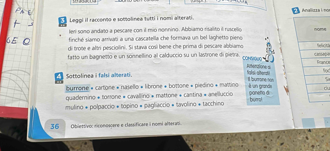 stradaccia (aispt.)._ 
2 Analizza i no 
3 Leggi il racconto e sottolinea tutti i nomi alterati. 
Ieri sono andato a pescare con il mio nonnino. Abbiamo risalito il ruscello e 
finché siamo arrivati a una cascatella che formava un bel laghetto pieno 
di trote e altri pesciolini. Si stava così bene che prima di pescare abbiamo ità 
pa 
fatto un bagnetto e un sonnellino al calduccio su un lastrone di pietra. CONSIGLIO 
nce 
Attenzione ai 
Sottolinea i falsi alterati. 
falsi alterati! 
oc 
Il burrone nonSi 
burrone • cartone • nasello • librone • bottone • piedino • mattino è un grandeiu 
quadernino • torrone • cavallino • mattone • cantina • anelluccio panetto di 
mulino ● polpaccio • topino • pagliaccio • tavolino • tacchino burro! 
36 Obiettivo: riconoscere e classificare i nomi alterati.