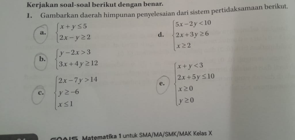 Kerjakan soal-soal berikut dengan benar. 
1. Gambarkan daerah himpunan penyelesaian dari sistem pertidaksamaan berikut. 
a. beginarrayl x+y≤ 5 2x-y≥ 2endarray.
d. beginarrayl 5x-2y<10 2x+3y≥ 6 x≥ 2endarray.
b. beginarrayl y-2x>3 3x+4y≥ 12endarray.
c. beginarrayl 2x-7y>14 y≥ -6 x≤ 1endarray.
e. beginarrayl x+y<3 2x+5y≤ 10 x≥ 0 y≥ 0endarray.
00I5. Mațematika 1 untuk SMA/MA/SMK/MAK Kelas X