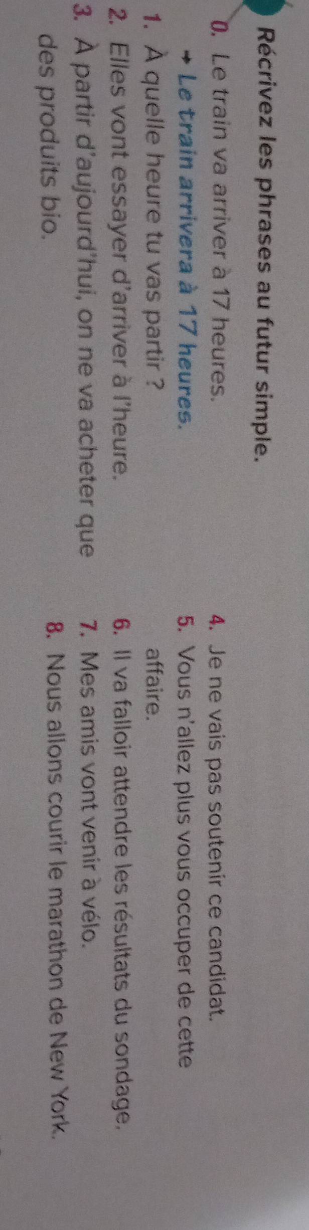 Récrivez les phrases au futur simple. 
. Le train va arriver à 17 heures. 4. Je ne vais pas soutenir ce candidat. 
Le train arrivera à 17 heures. 5. Vous n'allez plus vous occuper de cette 
1. A quelle heure tu vas partir ? affaire. 
2. Elles vont essayer d'arriver à l'heure. 6. Il va falloir attendre les résultats du sondage. 
3. A partir d’aujourd’hui, on ne va acheter que 7. Mes amis vont venir à vélo. 
des produits bio. 8. Nous allons courir le marathon de New York.