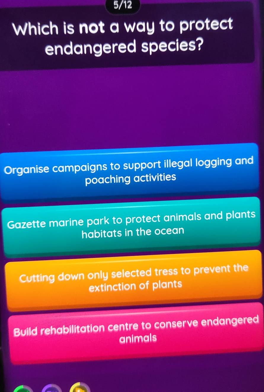 5/12
Which is not a way to protect
endangered species?
Organise campaigns to support illegal logging and
poaching activities
Gazette marine park to protect animals and plants
habitats in the ocean
Cutting down only selected tress to prevent the
extinction of plants
Build rehabilitation centre to conserve endangered
animals