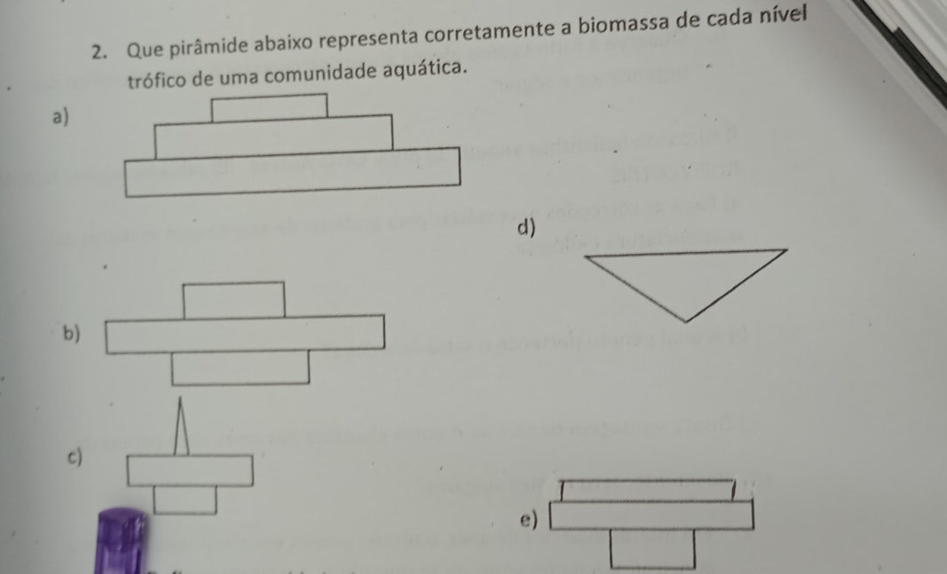 Que pirâmide abaixo representa corretamente a biomassa de cada nível 
trófico de uma comunidade aquática. 
a) 
d) 
b) 
c) 
e)