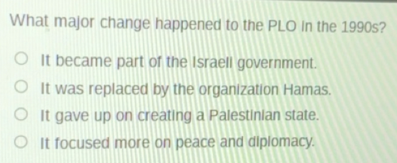 Solved: What major change happened to the PLO in the 1990s? It became ...
