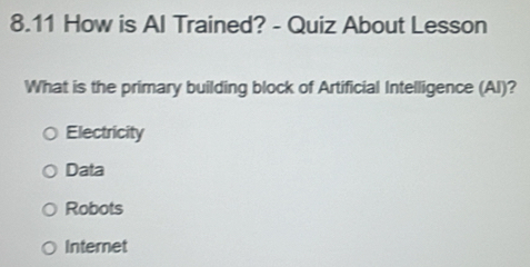 8.11 How is Al Trained? - Quiz About Lesson
What is the primary building block of Artificial Intelligence (AI)?
Electricity
Data
Robots
Internet