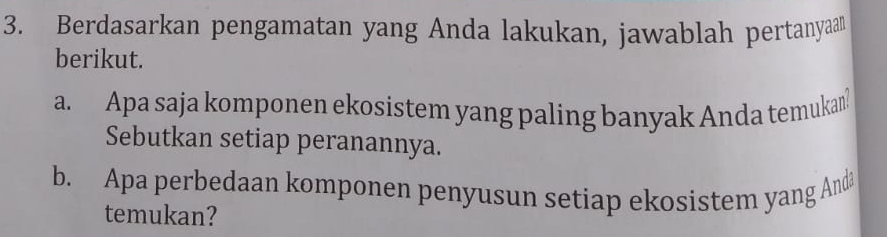 Berdasarkan pengamatan yang Anda lakukan, jawablah pertanyaa 
berikut. 
a. Apa saja komponen ekosistem yang paling banyak Anda temukan? 
Sebutkan setiap peranannya. 
b. Apa perbedaan komponen penyusun setiap ekosistem yang Anda 
temukan?