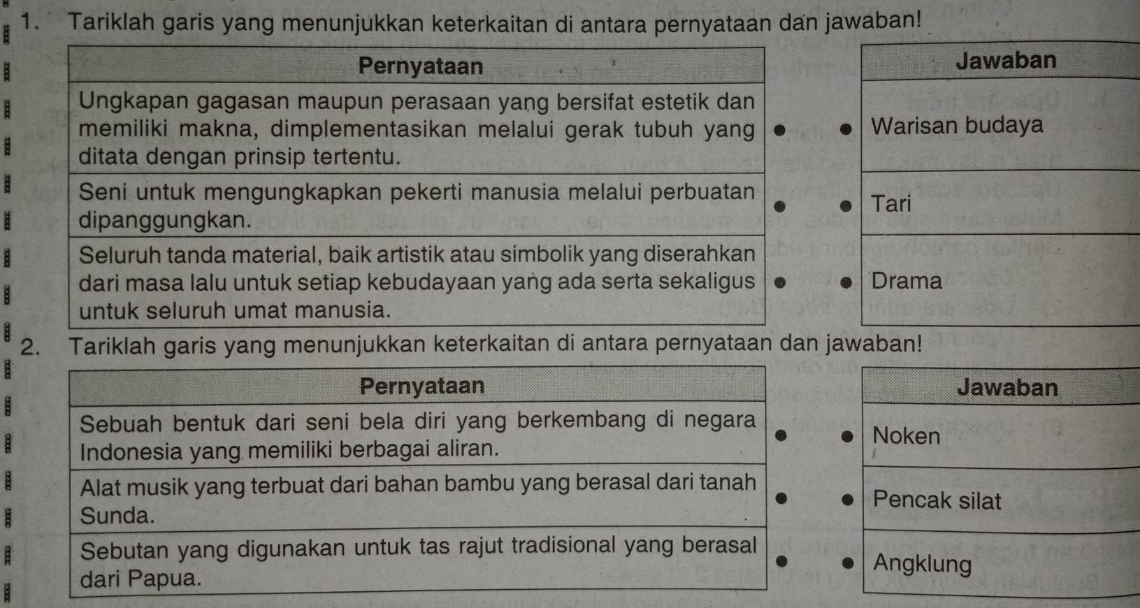 Tariklah garis yang menunjukkan keterkaitan di antara pernyataan dan jawaban! 
2. Tariklah garis yang menunjukkan keterkaitan di antara pernyataan dan jawaban! 
8 
: 
: